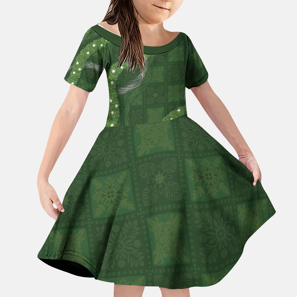 Hawaiian Quilt Kid Short Sleeve Dress Pele Hair Hinahina Lei Green Version LT05 KID Green - Polynesian Pride