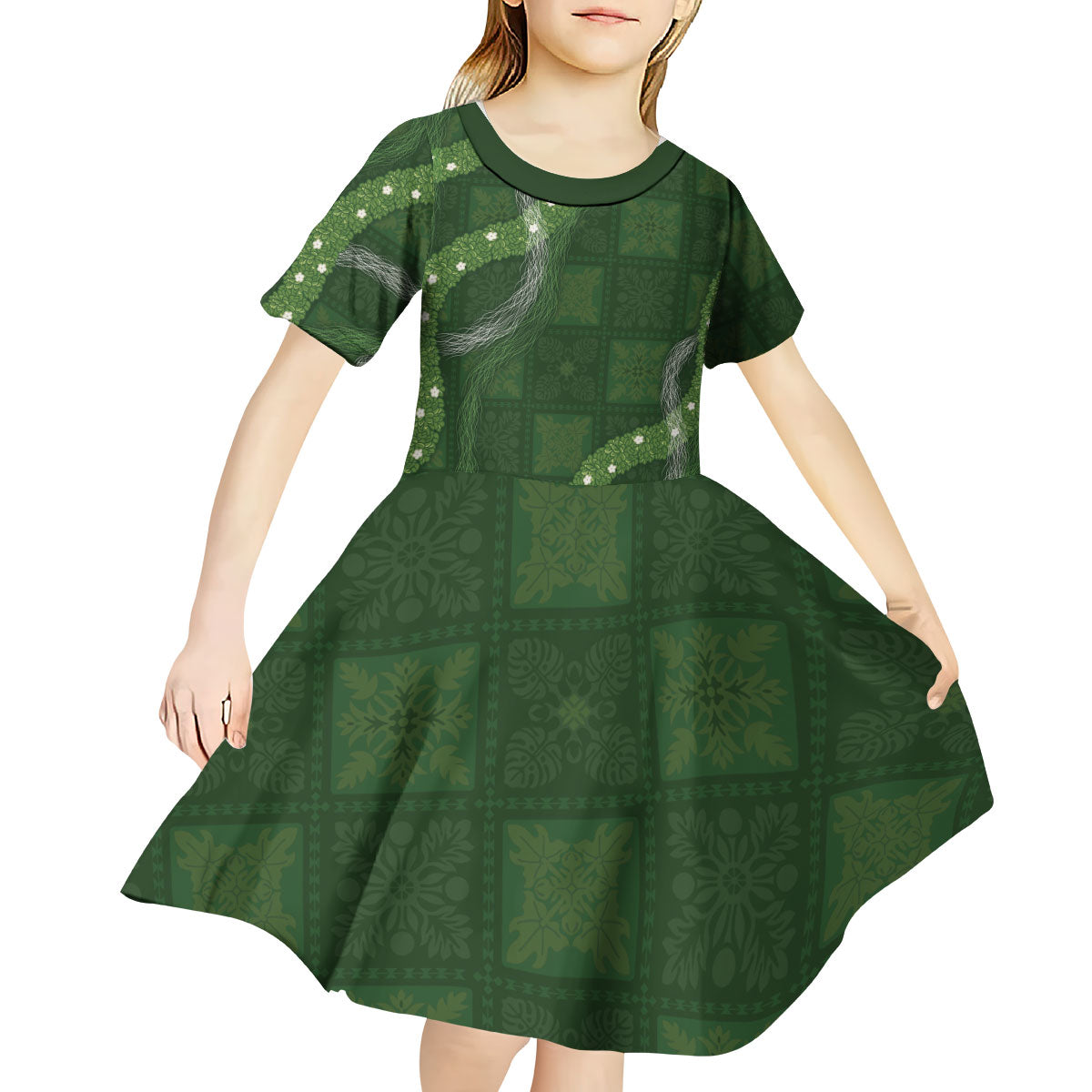 Hawaiian Quilt Kid Short Sleeve Dress Pele Hair Hinahina Lei Green Version