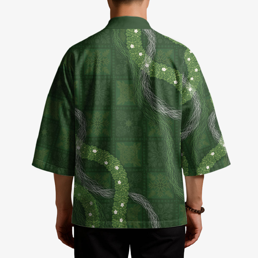 Hawaiian Quilt Kimono Pele Hair Hinahina Lei Green Version