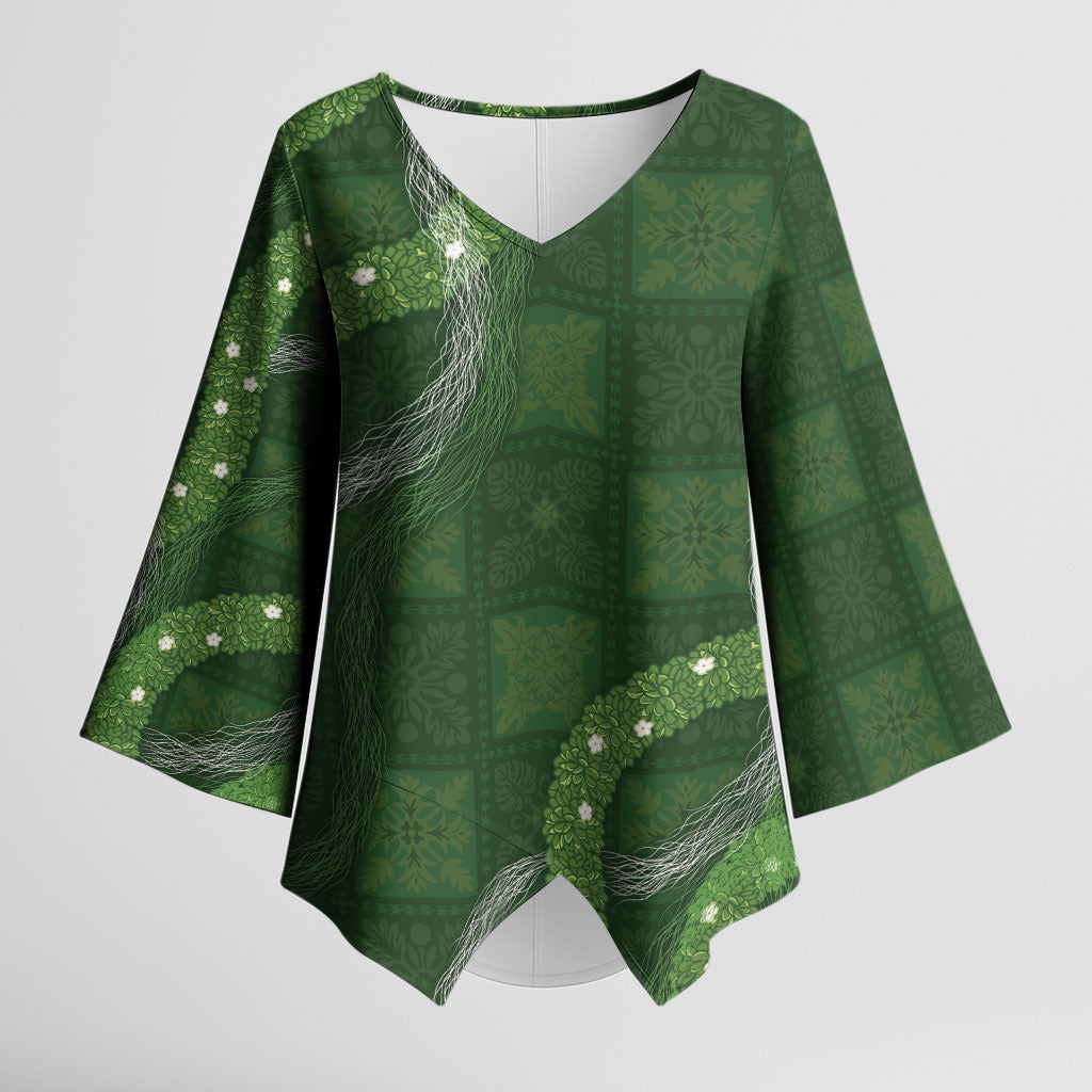 Hawaiian Quilt Kimono Sleeve Blouse Pele Hair Hinahina Lei Green Version LT05 Female Green - Polynesian Pride