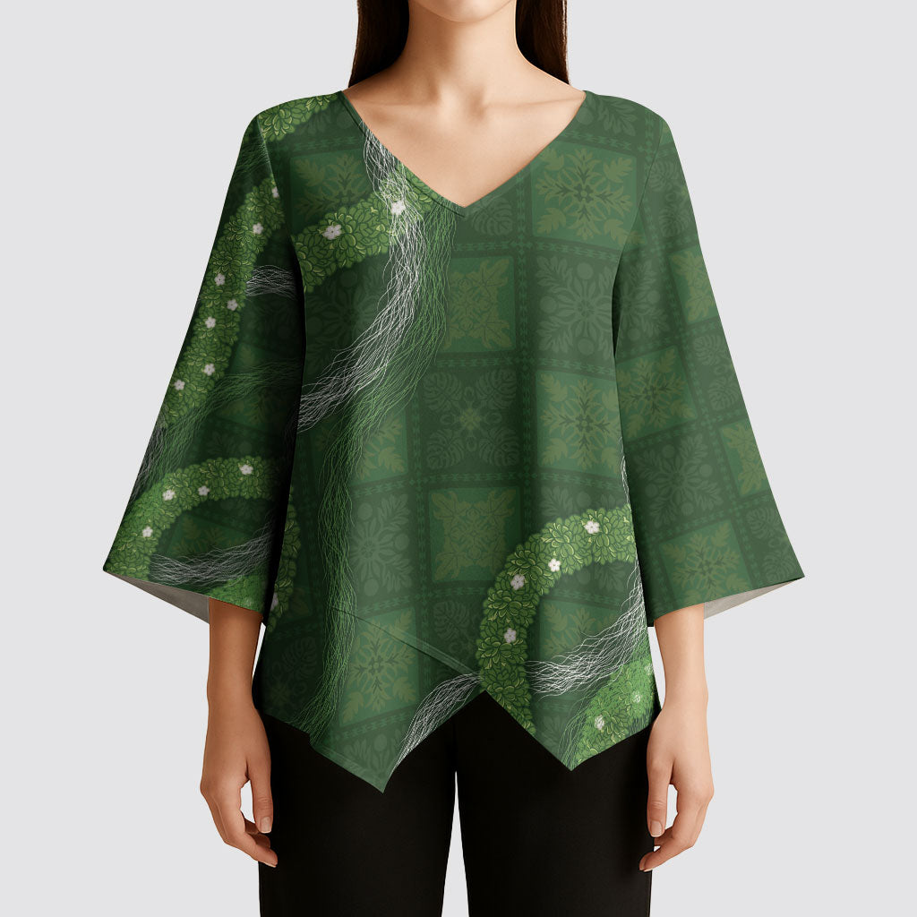 Hawaiian Quilt Kimono Sleeve Blouse Pele Hair Hinahina Lei Green Version