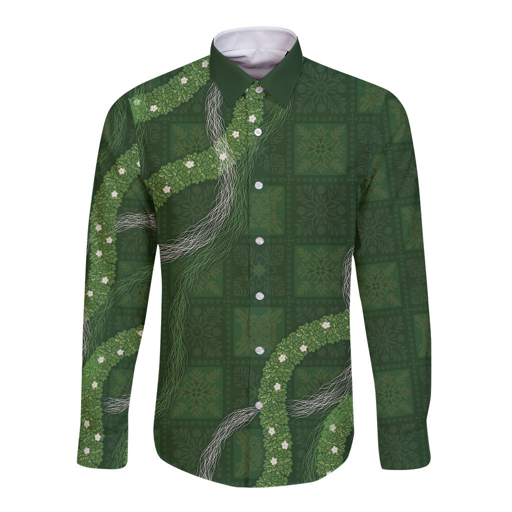 Hawaiian Quilt Long Sleeve Button Shirt Pele Hair Hinahina Lei Green Version LT05 Unisex Green - Polynesian Pride