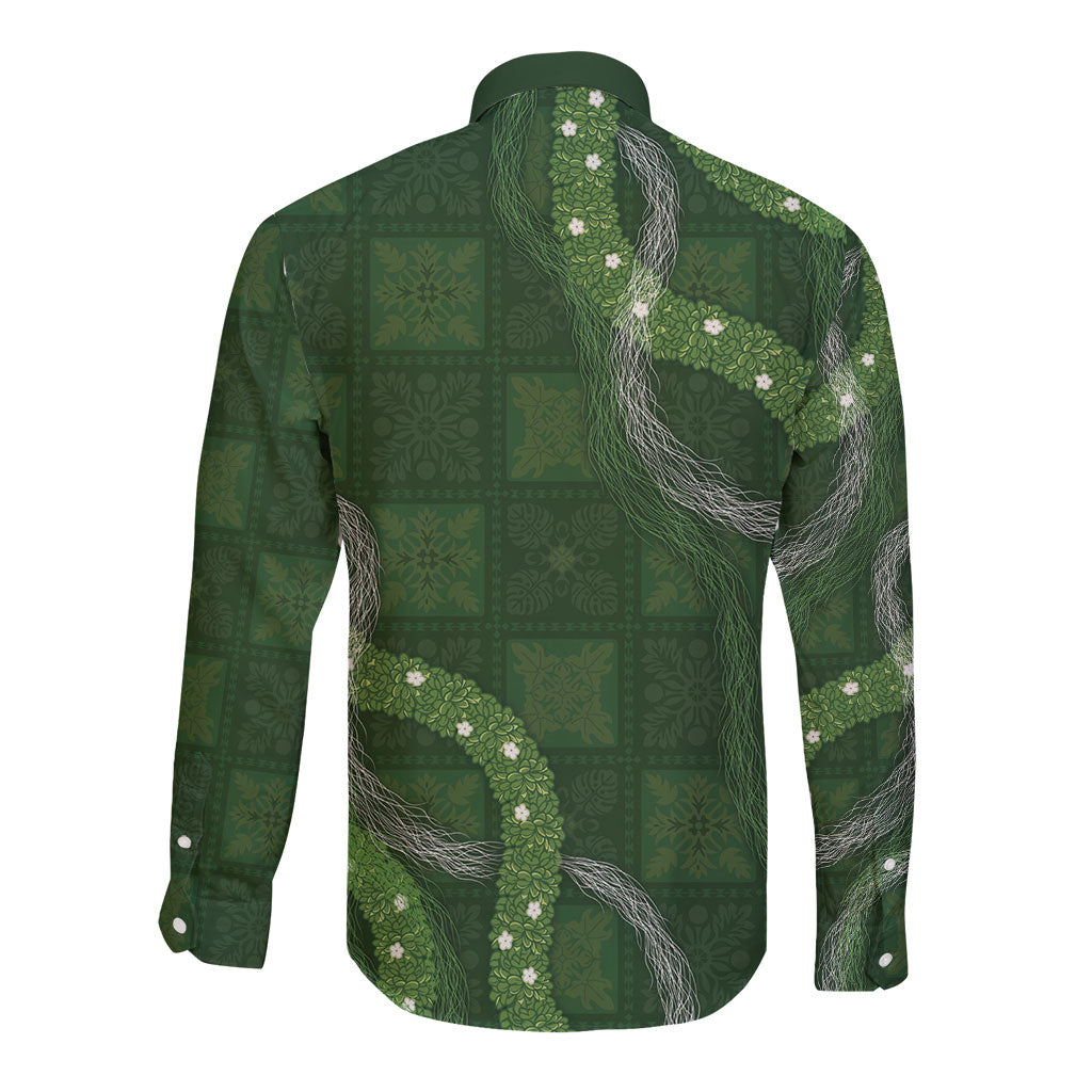 Hawaiian Quilt Long Sleeve Button Shirt Pele Hair Hinahina Lei Green Version