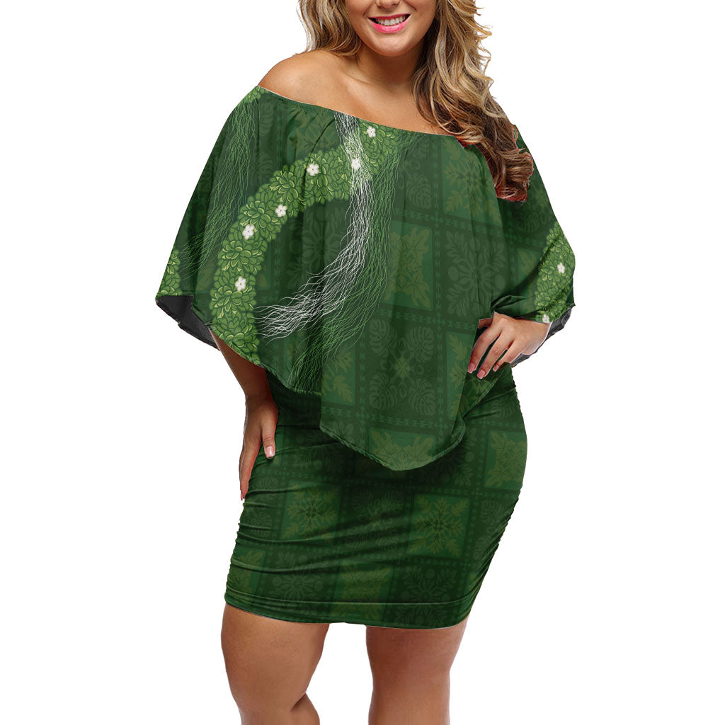 Hawaiian Quilt Off Shoulder Short Dress Pele Hair Hinahina Lei Green Version