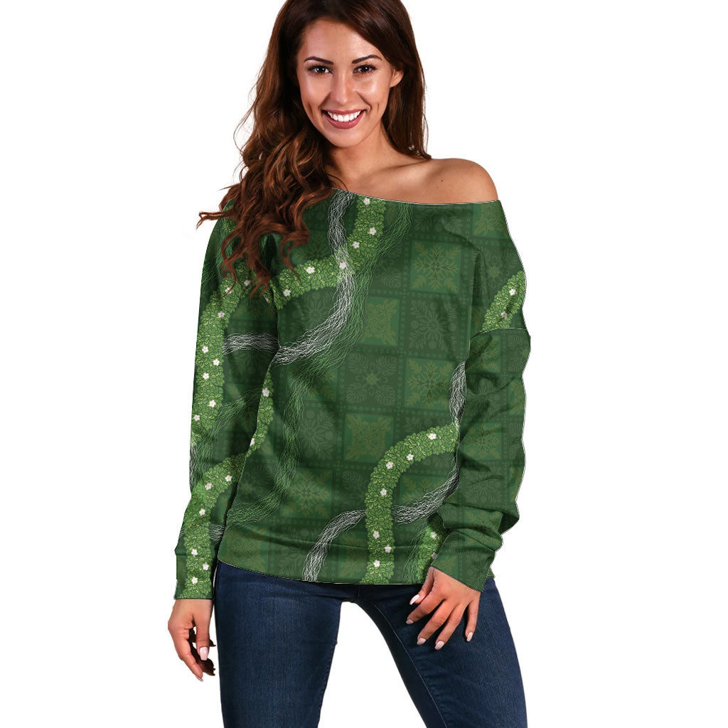 Hawaiian Quilt Off Shoulder Sweater Pele Hair Hinahina Lei Green Version