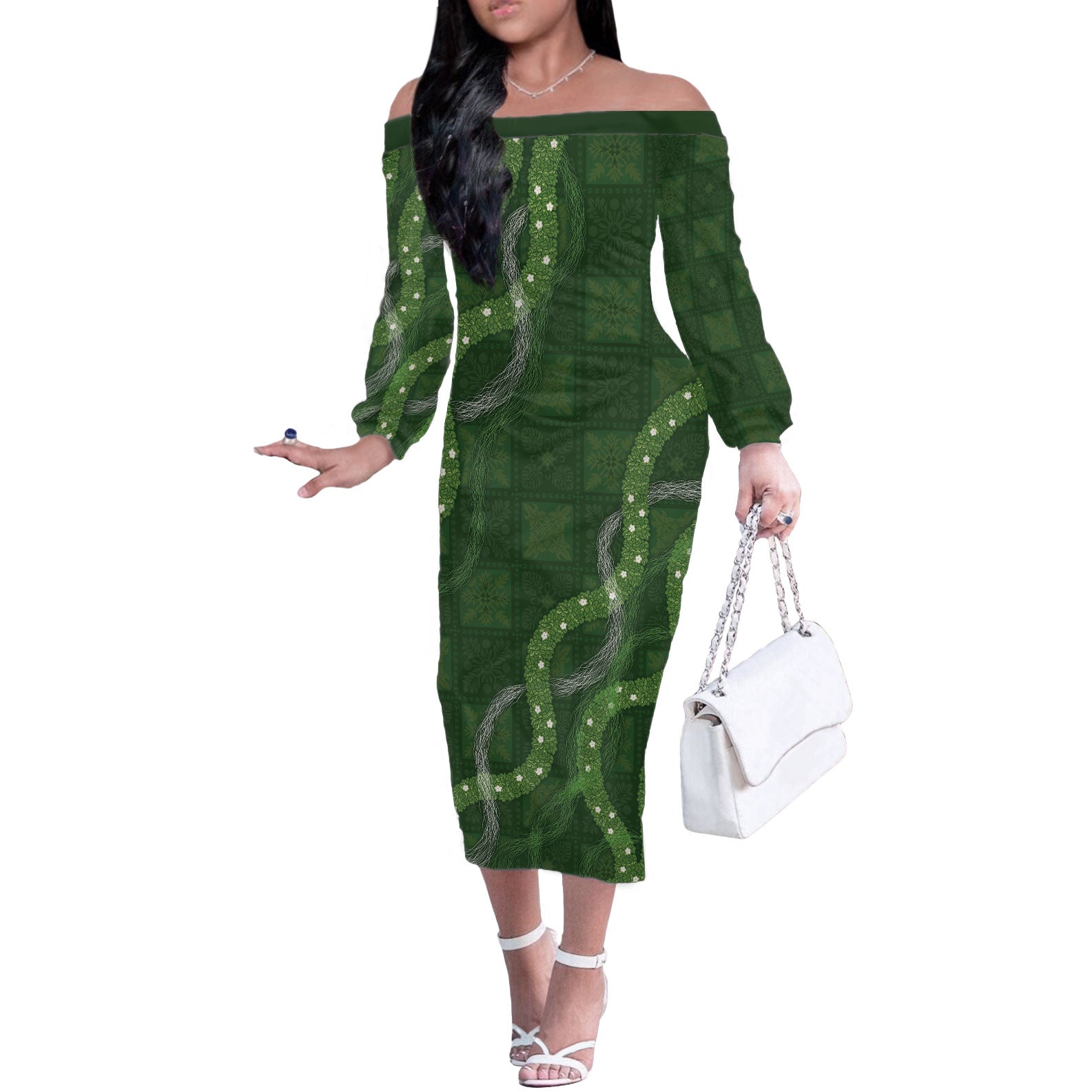 Hawaiian Quilt Off The Shoulder Long Sleeve Dress Pele Hair Hinahina Lei Green Version