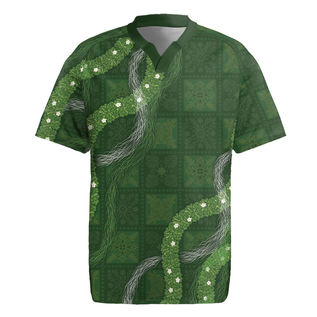 Hawaiian Quilt Rugby Jersey Pele Hair Hinahina Lei Green Version