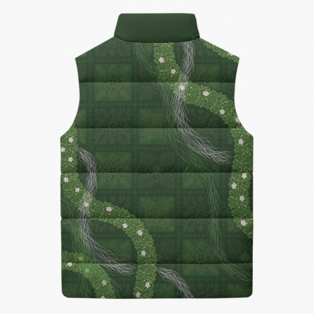 Hawaiian Quilt Sleeveless Puffer Jacket Pele Hair Hinahina Lei Green Version