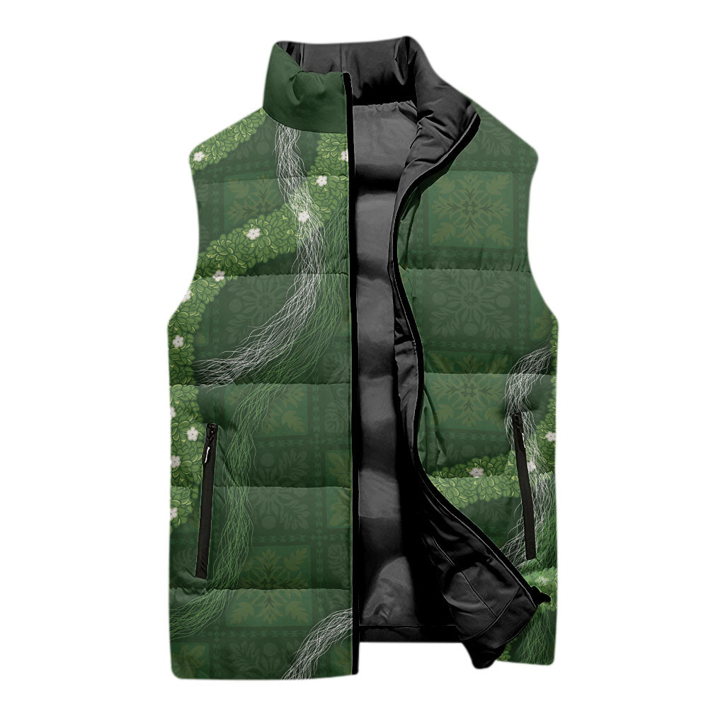 Hawaiian Quilt Sleeveless Puffer Jacket Pele Hair Hinahina Lei Green Version