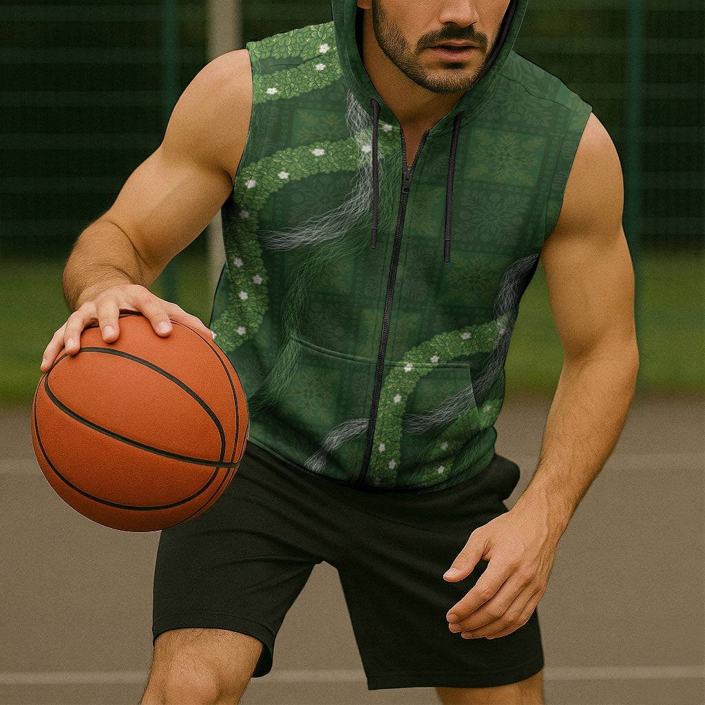 Hawaiian Quilt Sleeveless Zip Hoodie Pele Hair Hinahina Lei Green Version
