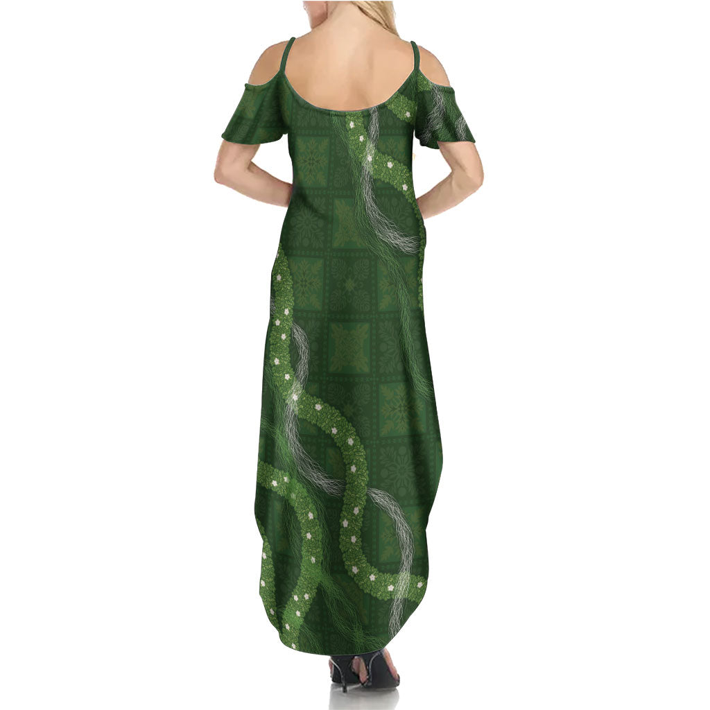 Hawaiian Quilt Summer Maxi Dress Pele Hair Hinahina Lei Green Version