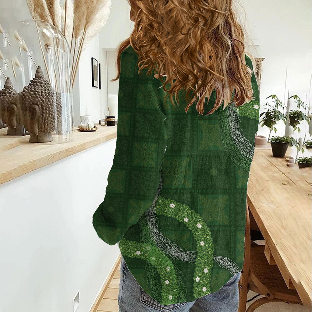 Hawaiian Quilt Women Casual Shirt Pele Hair Hinahina Lei Green Version