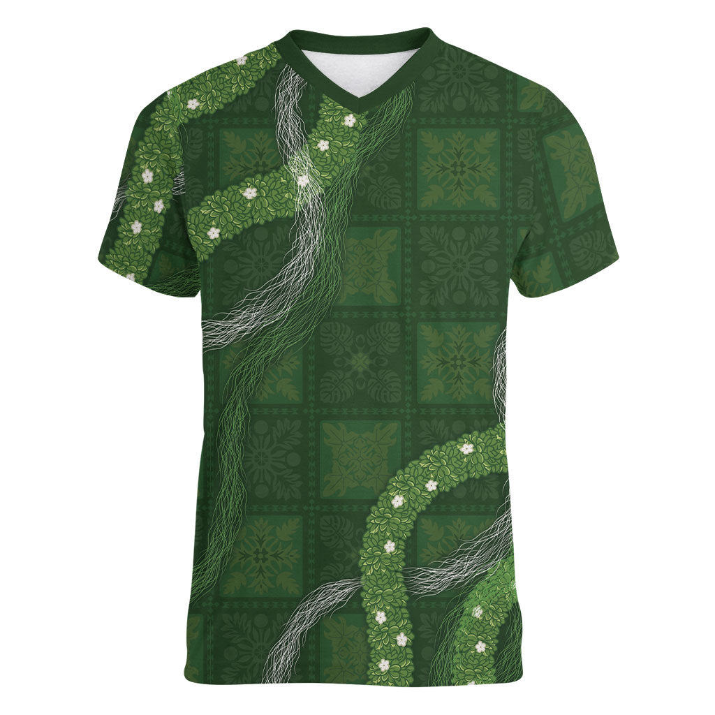 Hawaiian Quilt Women V-Neck T-Shirt Pele Hair Hinahina Lei Green Version