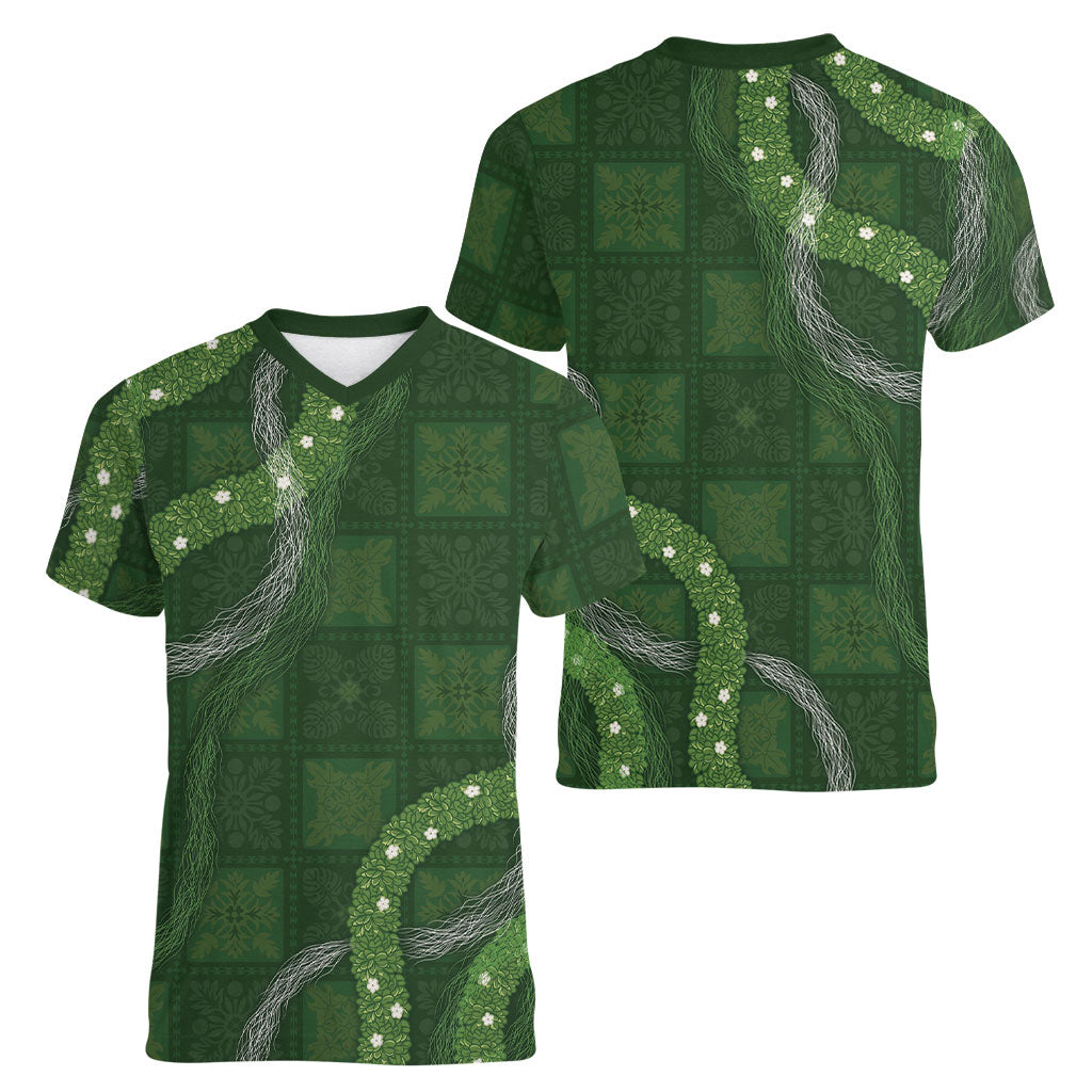 Hawaiian Quilt Women V-Neck T-Shirt Pele Hair Hinahina Lei Green Version