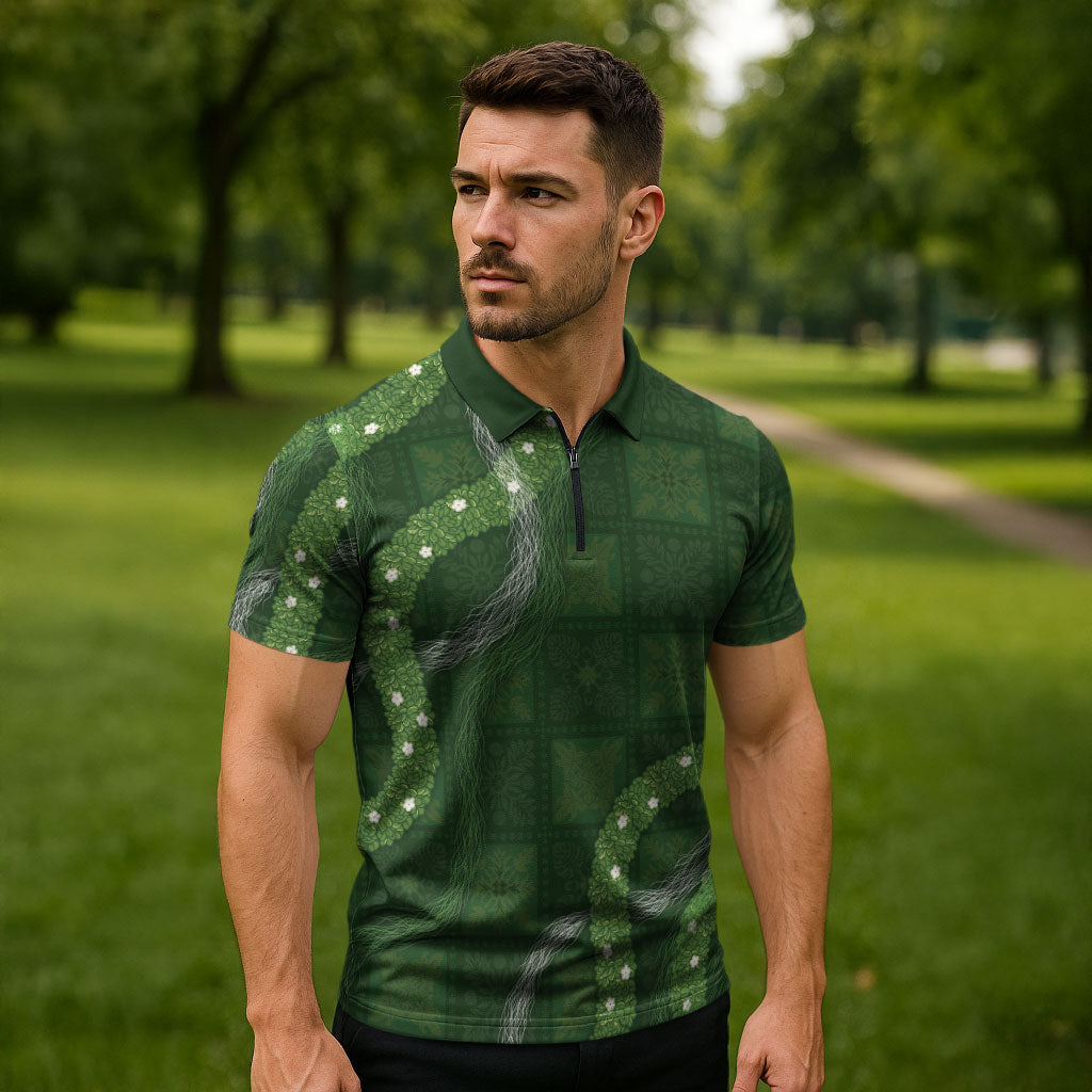 Hawaiian Quilt Zipper Polo Shirt Pele Hair Hinahina Lei Green Version