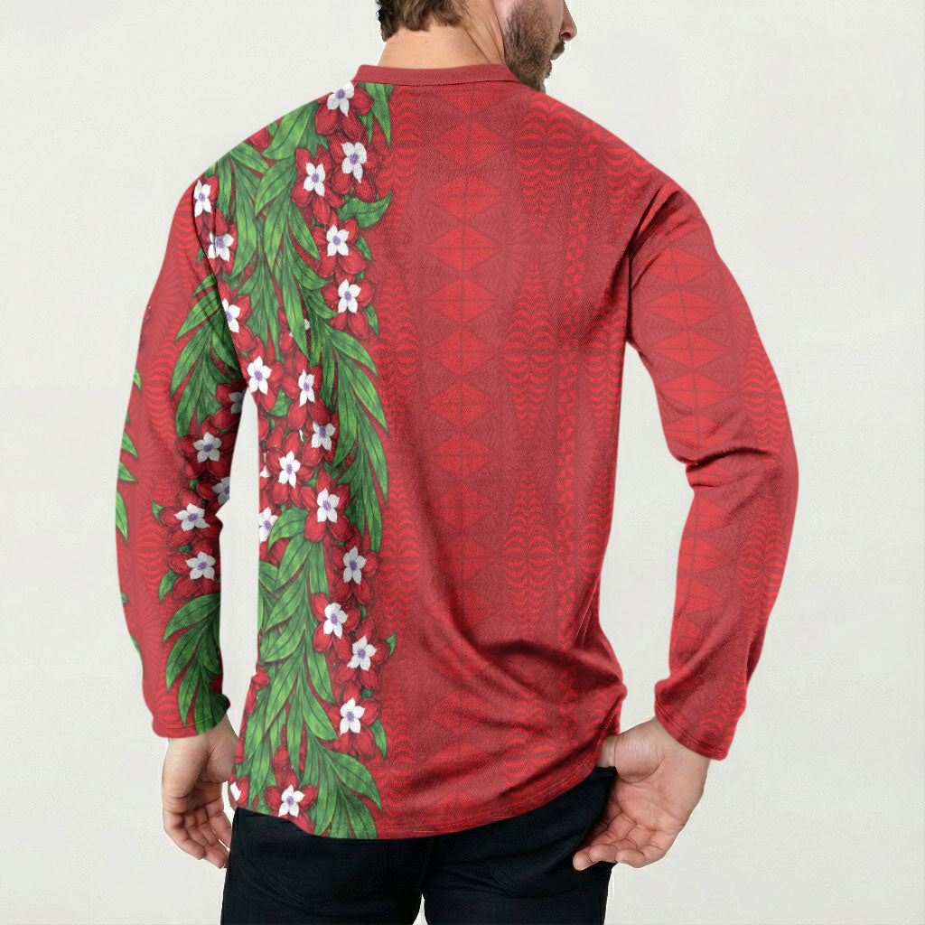 Tonga Language Week Button Sweatshirt Heilala Floral Red