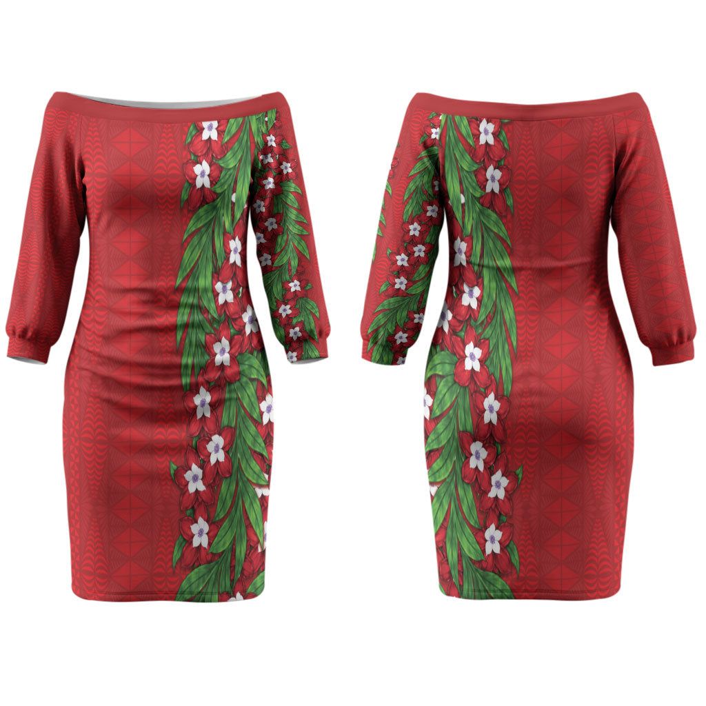 Tonga Language Week Couples Matching Off The Shoulder Long Sleeve Dress and Long Sleeve Button Shirt Heilala Floral Red