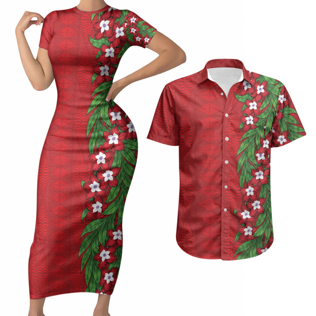 Tonga Language Week Couples Matching Short Sleeve Bodycon Dress and Hawaiian Shirt Heilala Floral Red