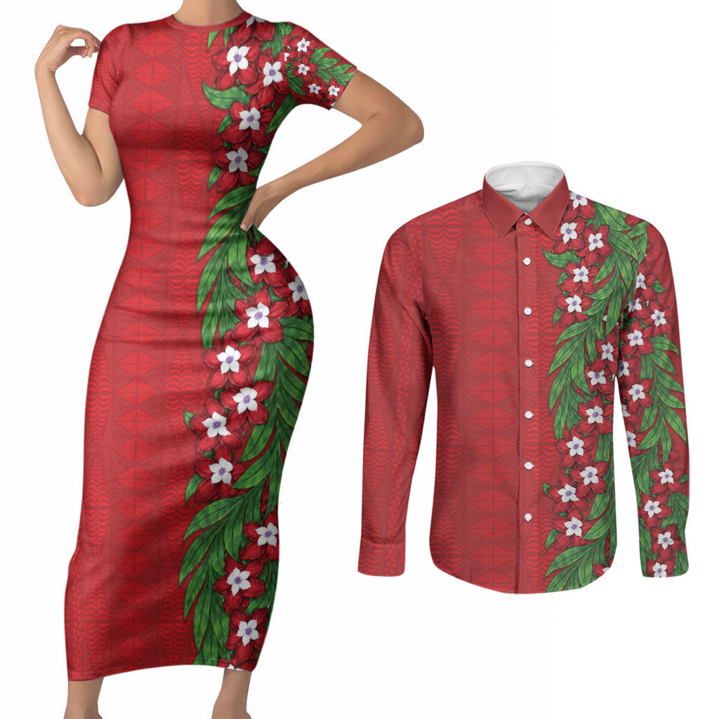 Tonga Language Week Couples Matching Short Sleeve Bodycon Dress and Long Sleeve Button Shirt Heilala Floral Red