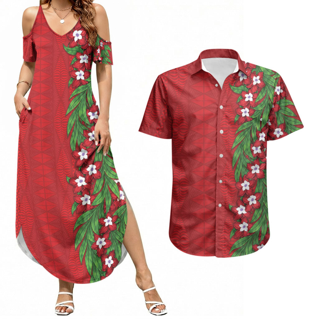 Tonga Language Week Couples Matching Summer Maxi Dress and Hawaiian Shirt Heilala Floral Red