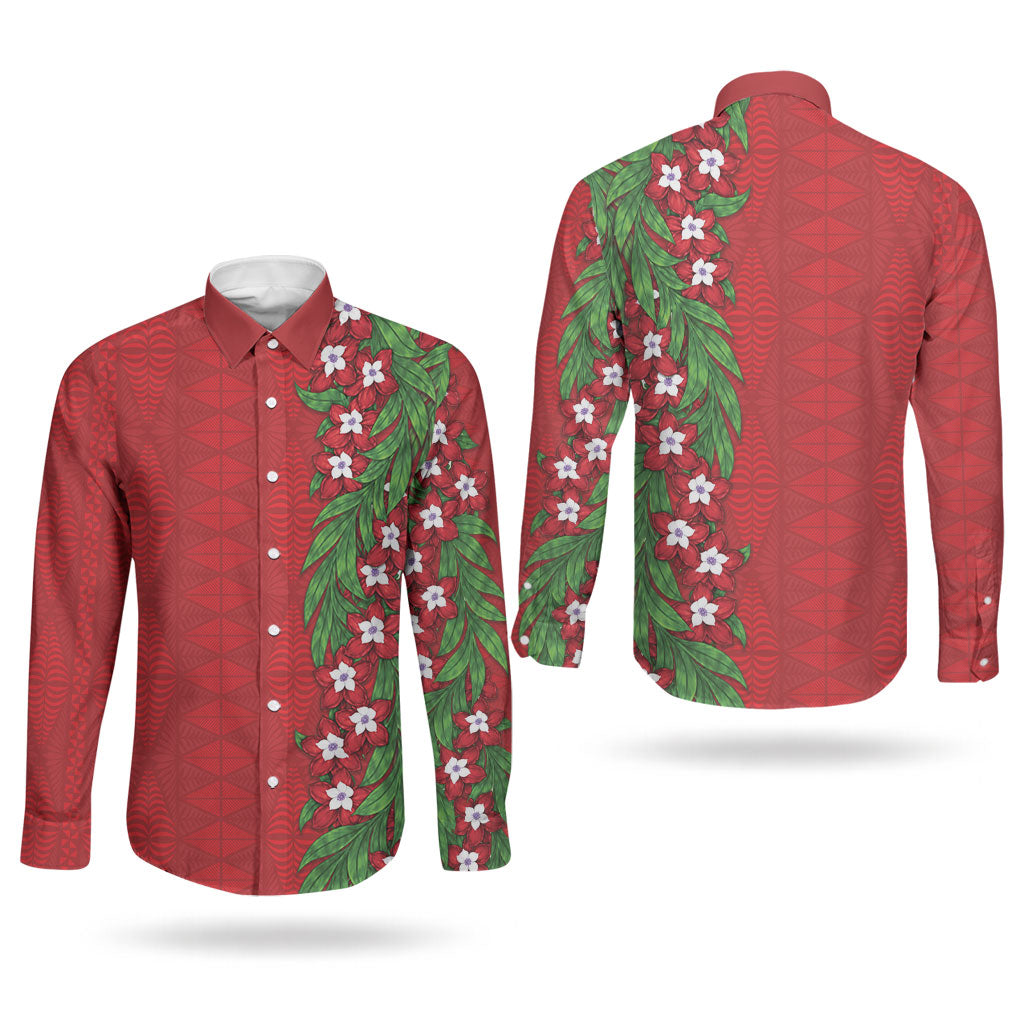 Tonga Language Week Couples Matching Tank Maxi Dress and Long Sleeve Button Shirt Heilala Floral Red
