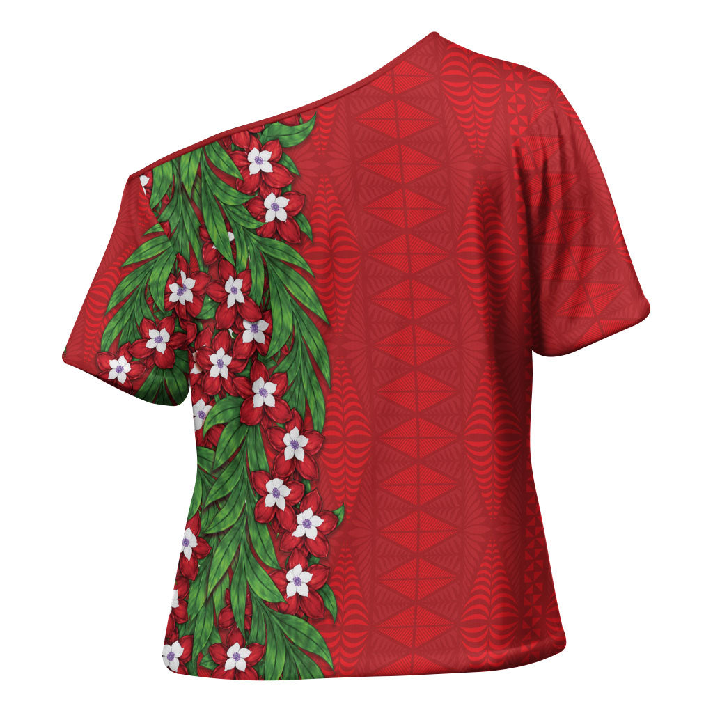 Tonga Language Week Cross Shoulder Shirt Heilala Floral Red