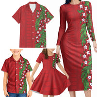 Tonga Language Week Family Matching Long Sleeve Bodycon Dress and Hawaiian Shirt Heilala Floral Red