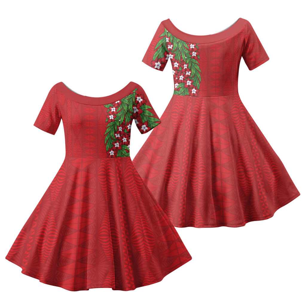 Tonga Language Week Family Matching Long Sleeve Bodycon Dress and Hawaiian Shirt Heilala Floral Red