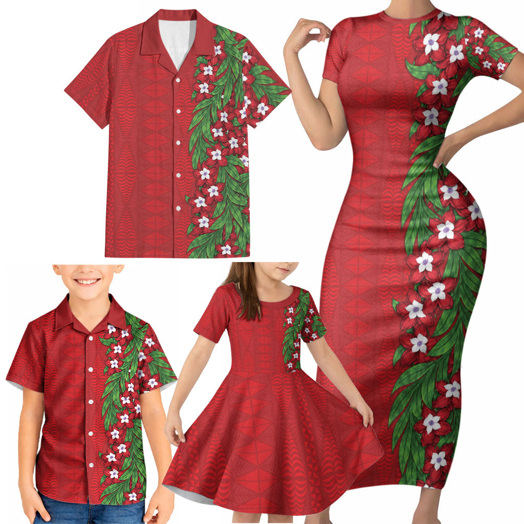 Tonga Language Week Family Matching Short Sleeve Bodycon Dress and Hawaiian Shirt Heilala Floral Red