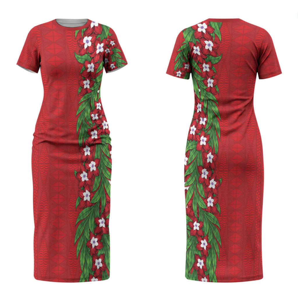 Tonga Language Week Family Matching Short Sleeve Bodycon Dress and Hawaiian Shirt Heilala Floral Red