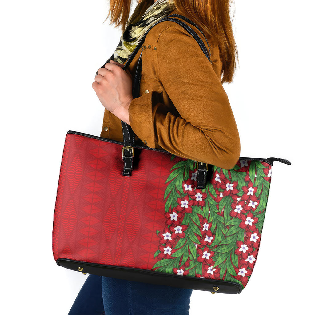 Tonga Language Week Leather Tote Bag Heilala Floral Red