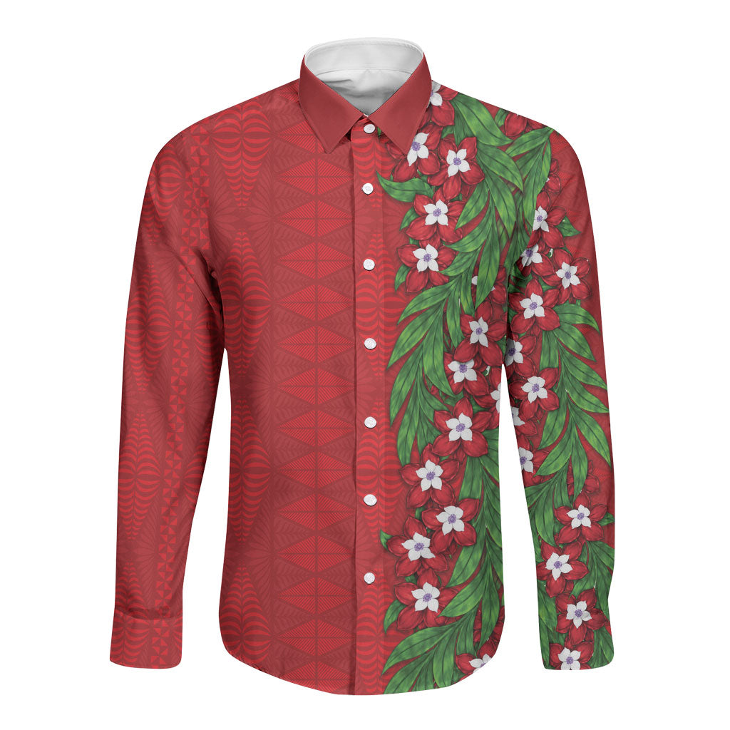 Tonga Language Week Long Sleeve Button Shirt Heilala Floral Red