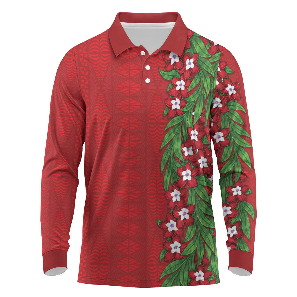 Tonga Language Week Long Sleeve Polo Shirt Heilala Floral Red