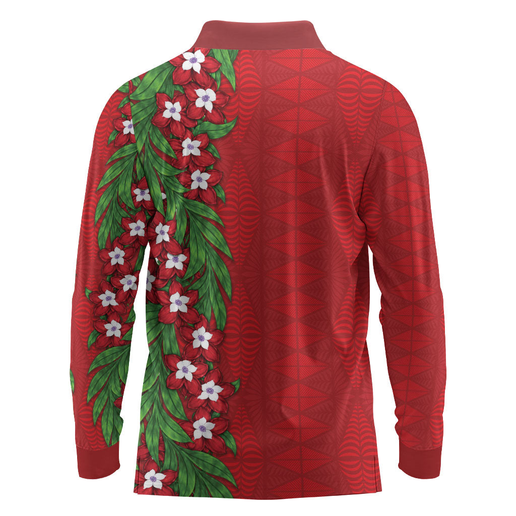 Tonga Language Week Long Sleeve Polo Shirt Heilala Floral Red