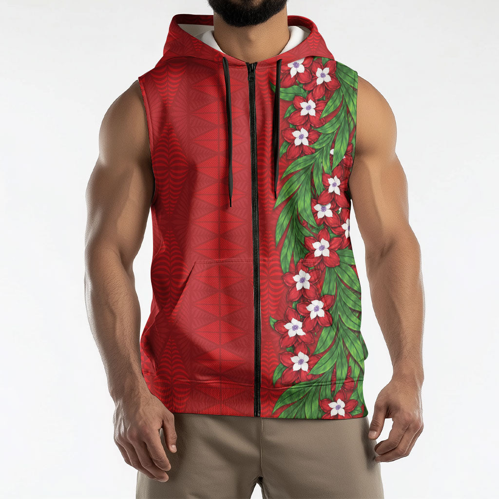 Tonga Language Week Sleeveless Zip Hoodie Heilala Floral Red