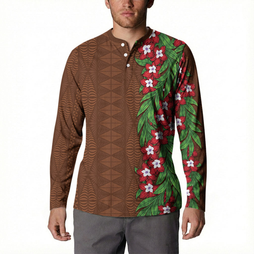 Tonga Language Week Button Sweatshirt Heilala Floral Brown