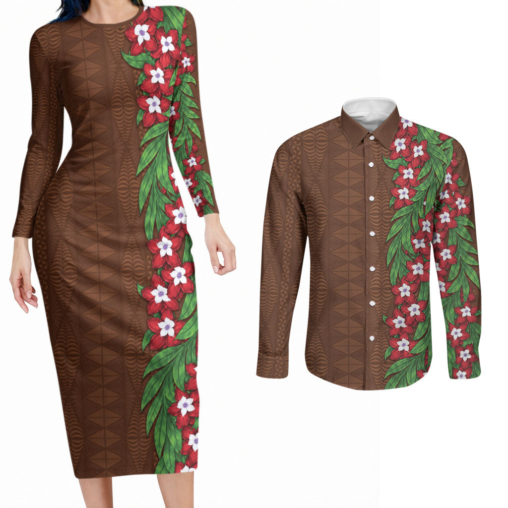 Tonga Language Week Couples Matching Long Sleeve Bodycon Dress and Long Sleeve Button Shirt Heilala Floral Brown