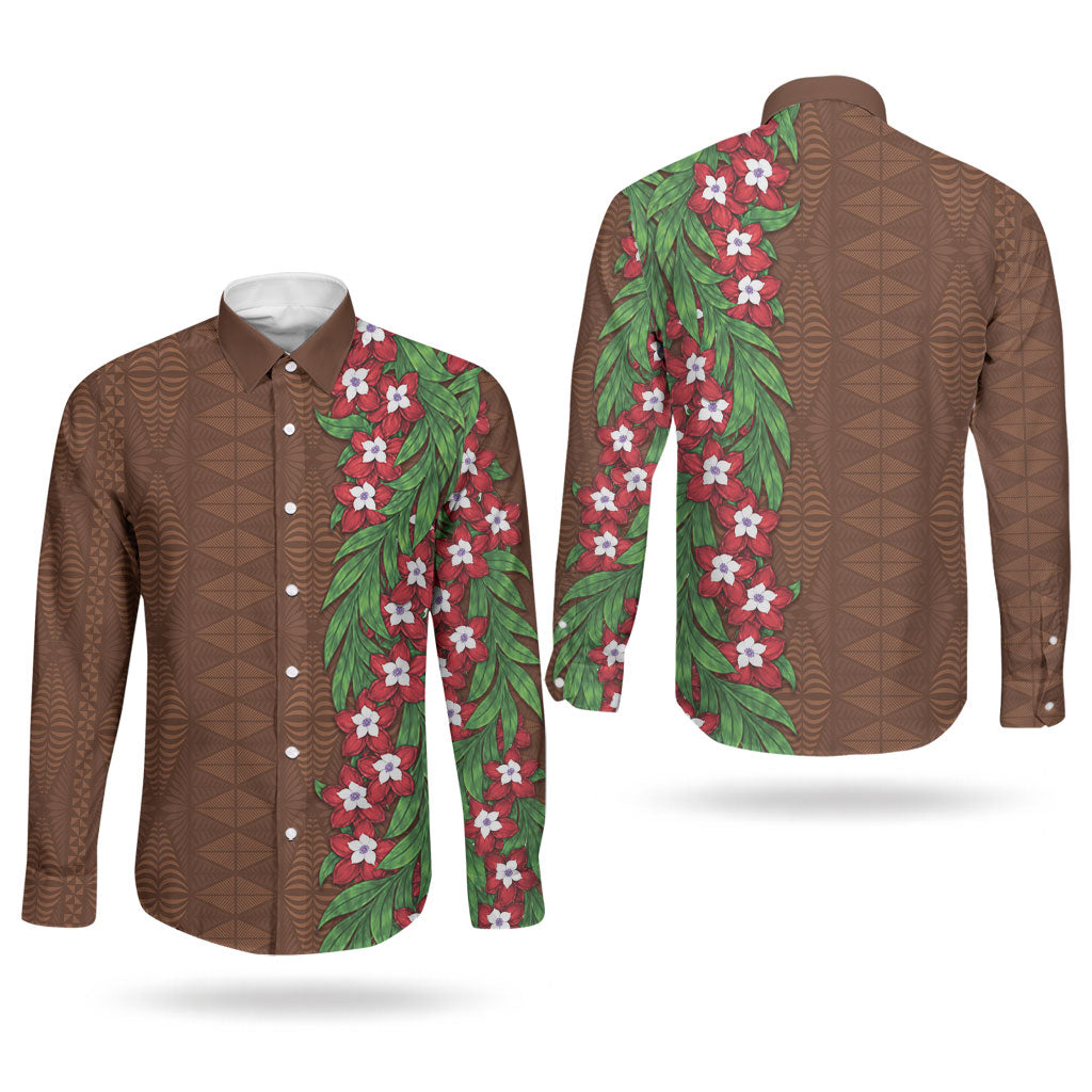 Tonga Language Week Couples Matching Off Shoulder Maxi Dress and Long Sleeve Button Shirt Heilala Floral Brown