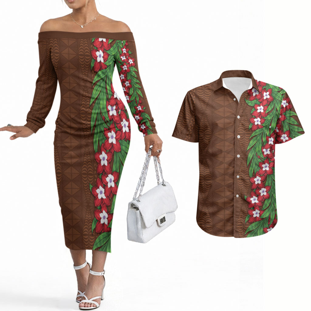 Tonga Language Week Couples Matching Off The Shoulder Long Sleeve Dress and Hawaiian Shirt Heilala Floral Brown