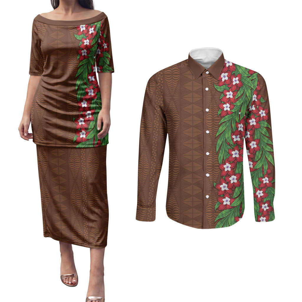 Tonga Language Week Couples Matching Puletasi and Long Sleeve Button Shirt Heilala Floral Brown