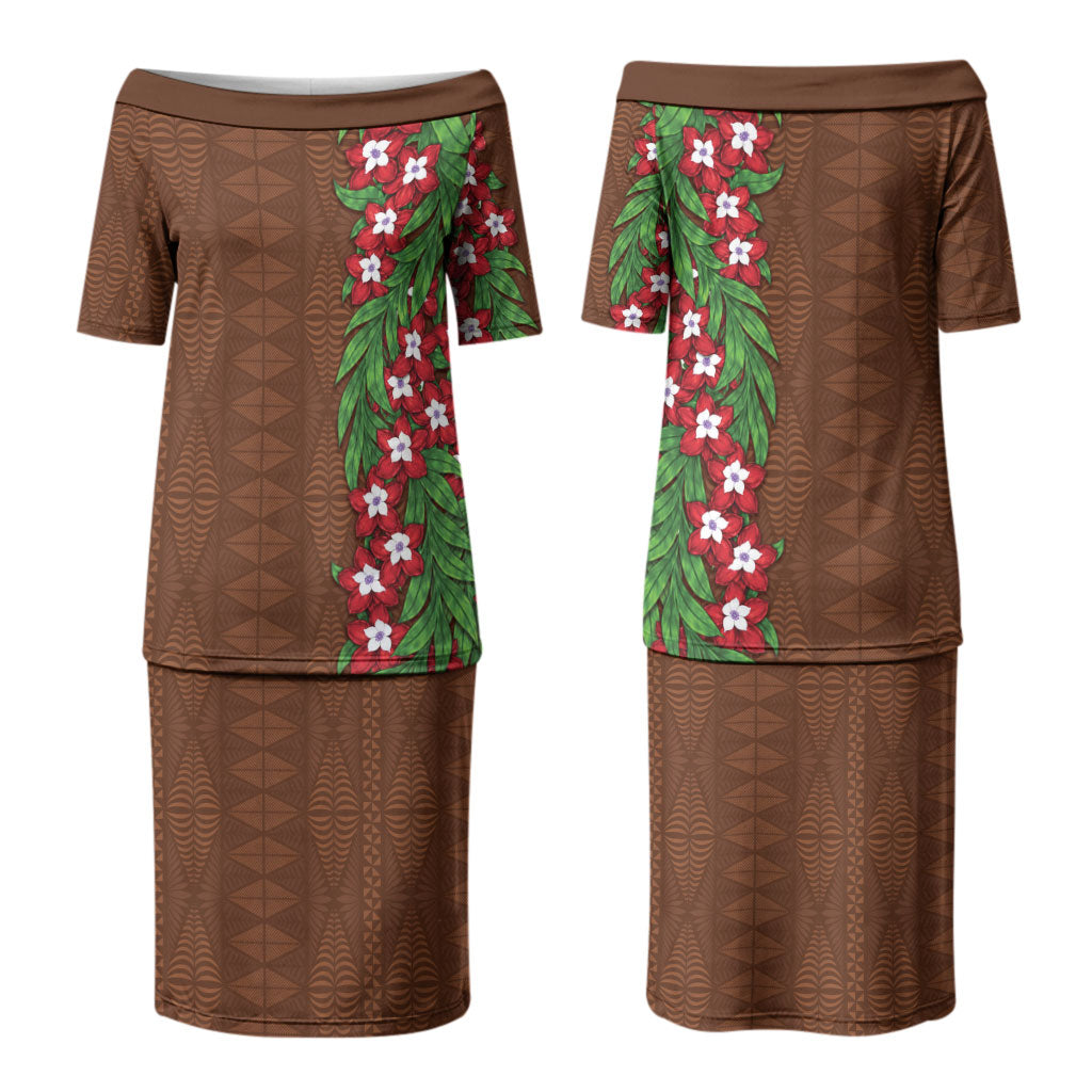 Tonga Language Week Couples Matching Puletasi and Long Sleeve Button Shirt Heilala Floral Brown
