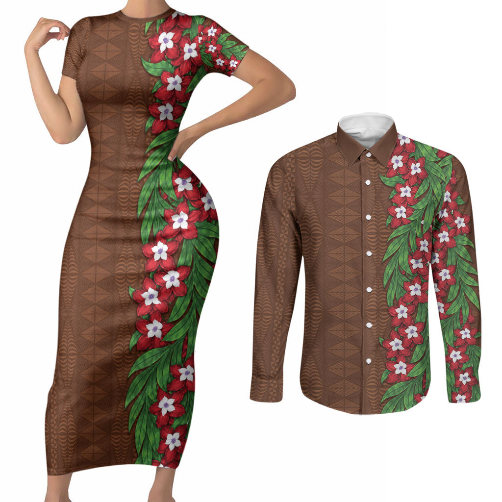 Tonga Language Week Couples Matching Short Sleeve Bodycon Dress and Long Sleeve Button Shirt Heilala Floral Brown