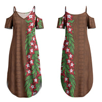 Tonga Language Week Couples Matching Summer Maxi Dress and Long Sleeve Button Shirt Heilala Floral Brown