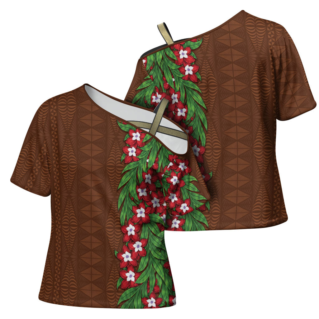 Tonga Language Week Cross Shoulder Shirt Heilala Floral Brown