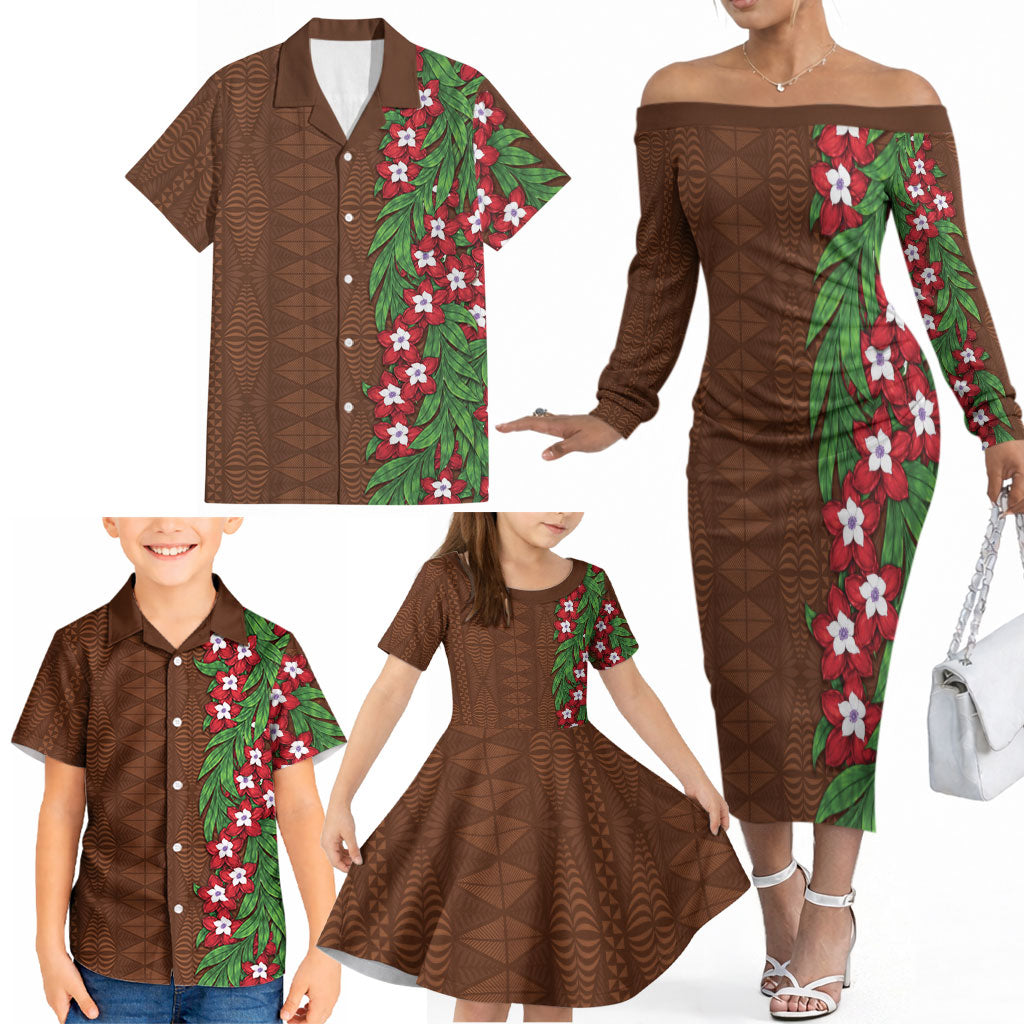 Tonga Language Week Family Matching Off The Shoulder Long Sleeve Dress and Hawaiian Shirt Heilala Floral Brown LT05 - Polynesian Pride
