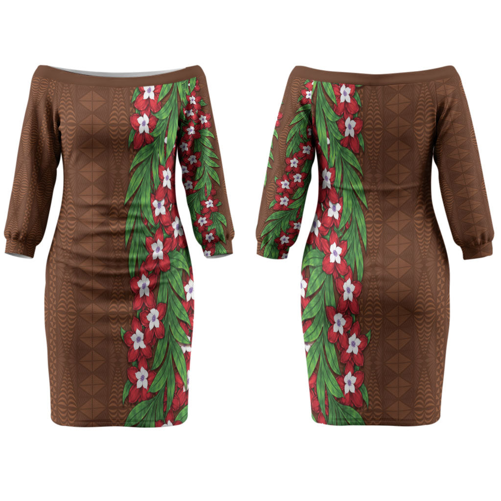 Tonga Language Week Family Matching Off The Shoulder Long Sleeve Dress and Hawaiian Shirt Heilala Floral Brown