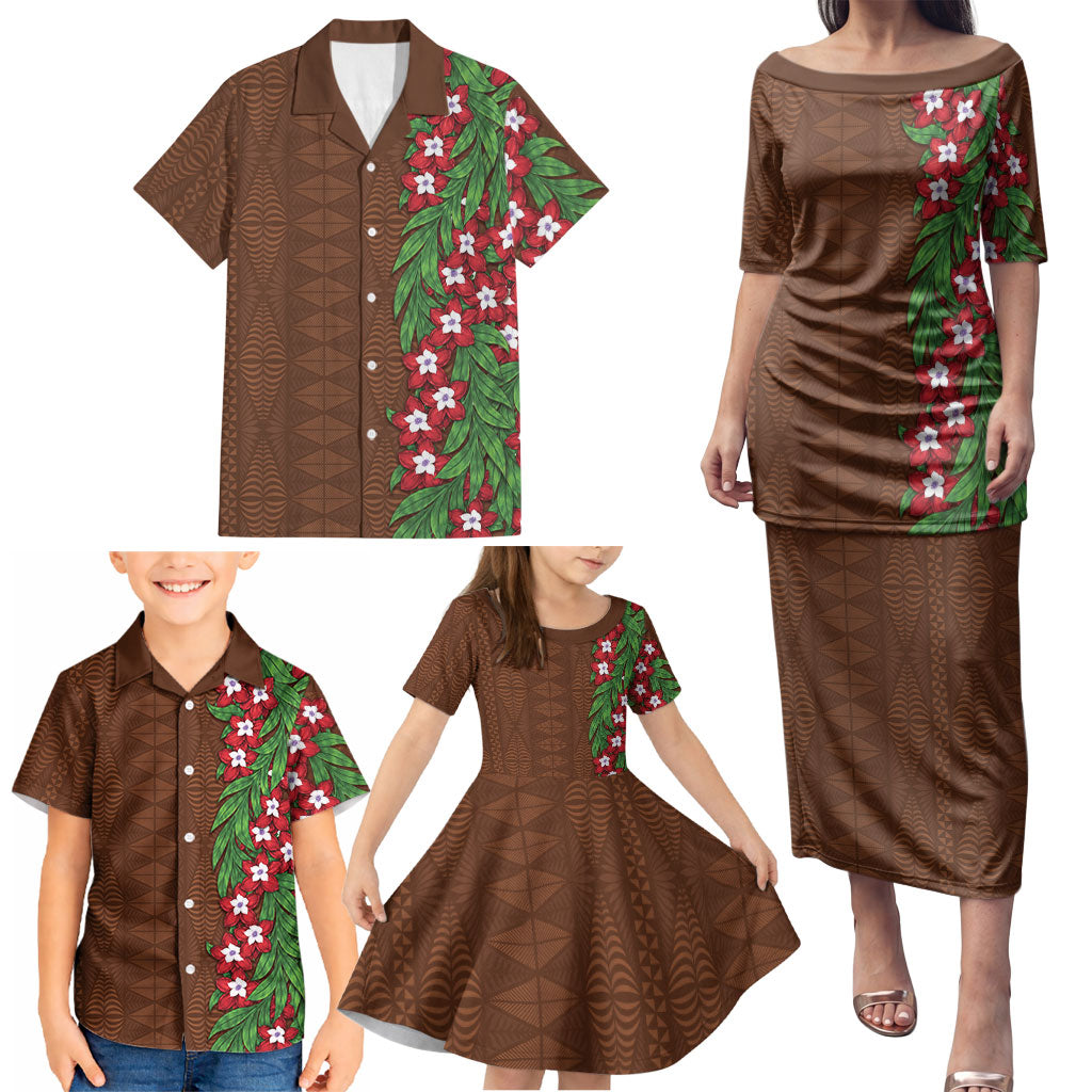 Tonga Language Week Family Matching Puletasi and Hawaiian Shirt Heilala Floral Brown