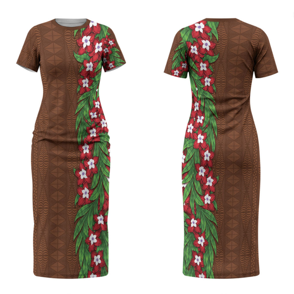 Tonga Language Week Family Matching Short Sleeve Bodycon Dress and Hawaiian Shirt Heilala Floral Brown