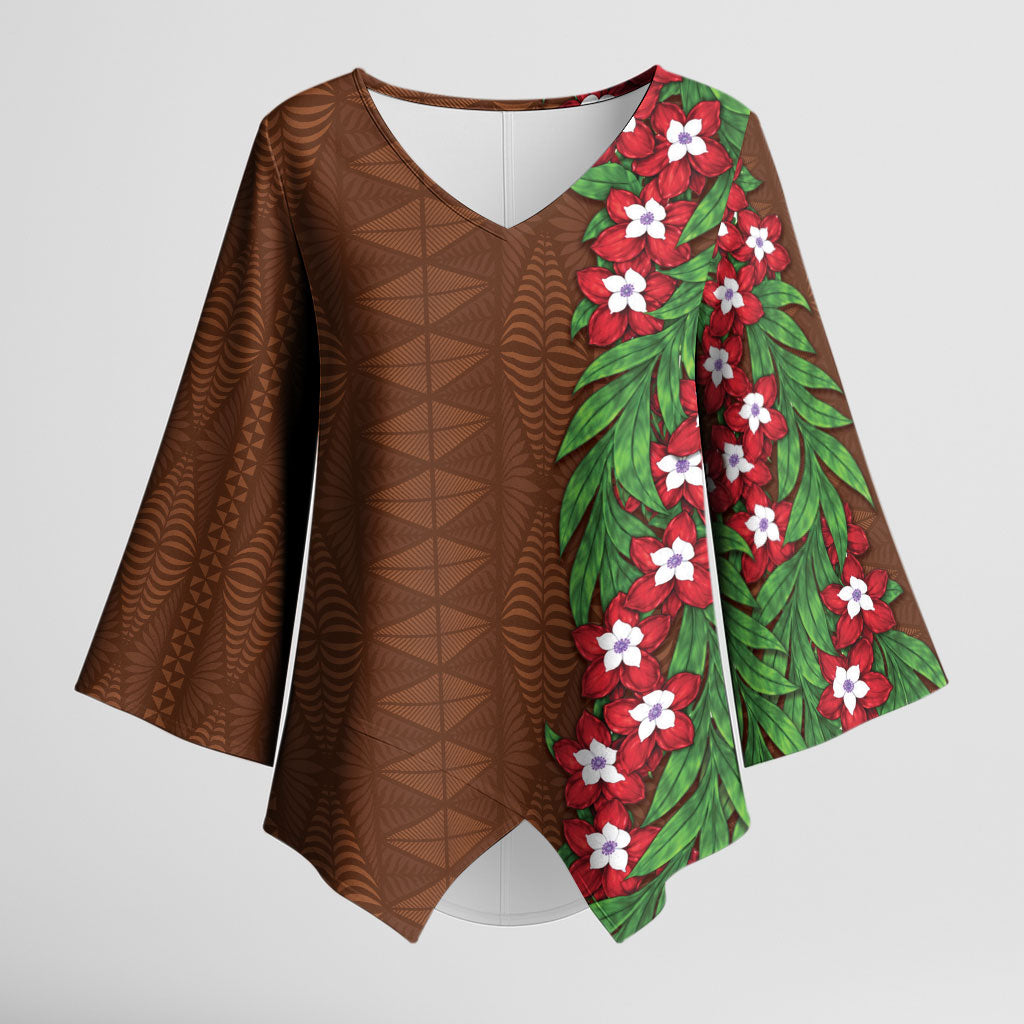 Tonga Language Week Kimono Sleeve Blouse Heilala Floral Brown