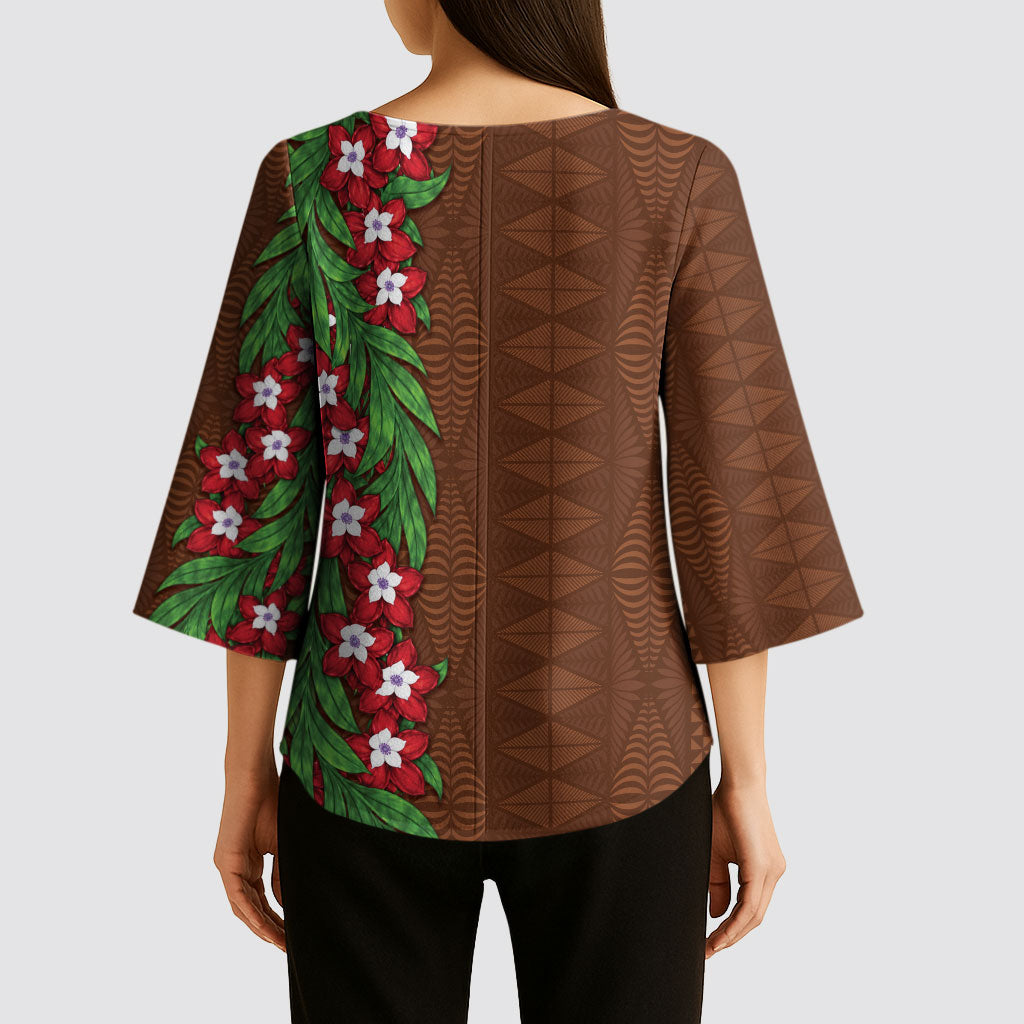 Tonga Language Week Kimono Sleeve Blouse Heilala Floral Brown
